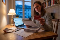 Frau hält rote Kreditkarte und Papiere am Tisch mit Laptop und Lampe