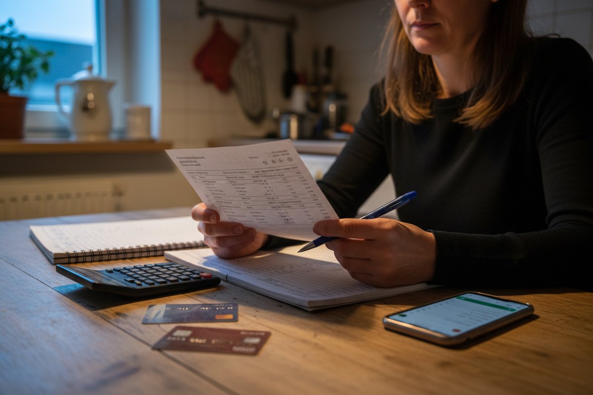 Frau prüft Rechnung mit Stift, neben Taschenrechner, Kreditkarten und Smartphone auf Holztisch