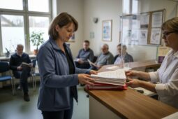 Patientin am Empfang übergibt Unterlagen an eine Mitarbeiterin