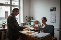 Mann und Frau tauschen Dokumente an einem Schreibtisch im Büro aus