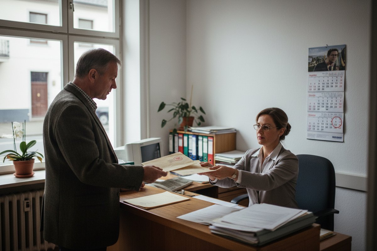 Mann und Frau tauschen Dokumente an einem Schreibtisch im Büro aus