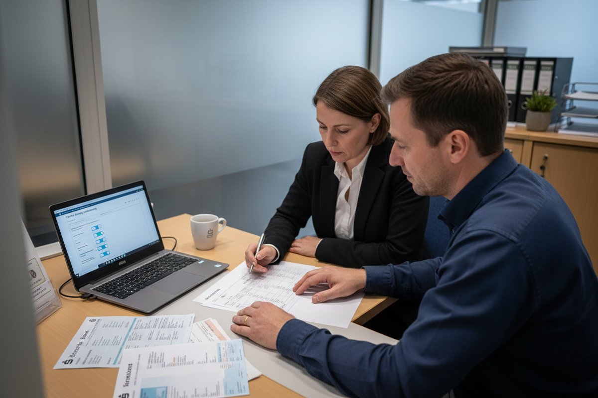 Zwei Personen prüfen gemeinsam Dokumente und einen Laptop am Schreibtisch