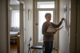 Ältere Frau im Flur hält Ordner, betrachtet Kalender, Gehhilfe daneben