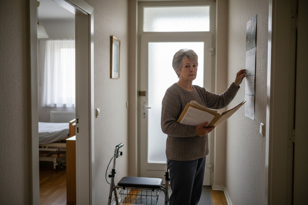 Ältere Frau im Flur hält Ordner, betrachtet Kalender, Gehhilfe daneben