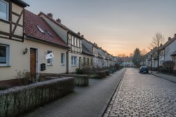 Reihenhäuser an einer gepflasterten Straße bei Sonnenaufgang mit Raureif