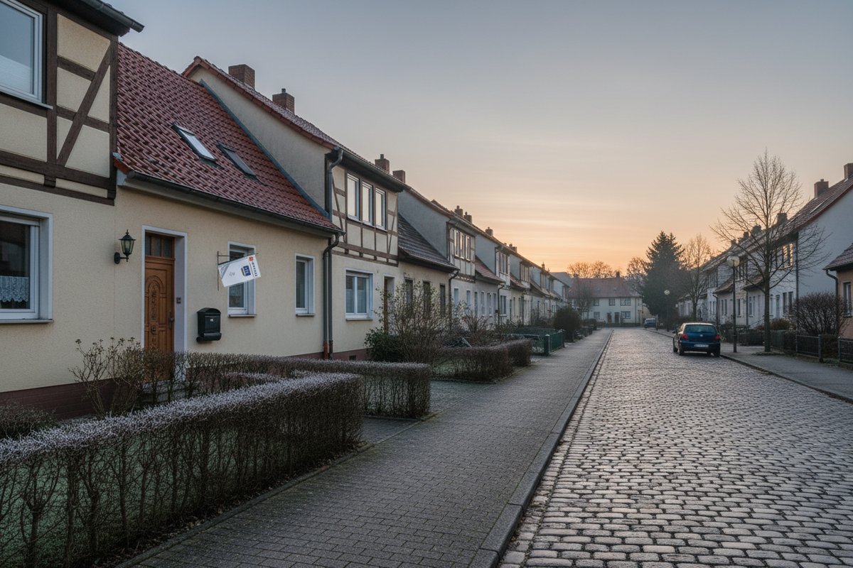 Reihenhäuser an einer gepflasterten Straße bei Sonnenaufgang mit Raureif
