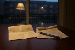 Zwei Papiere mit $2,450.78 und Stift auf Holztisch, Hintergrund verregnetes Fenster mit Lampe