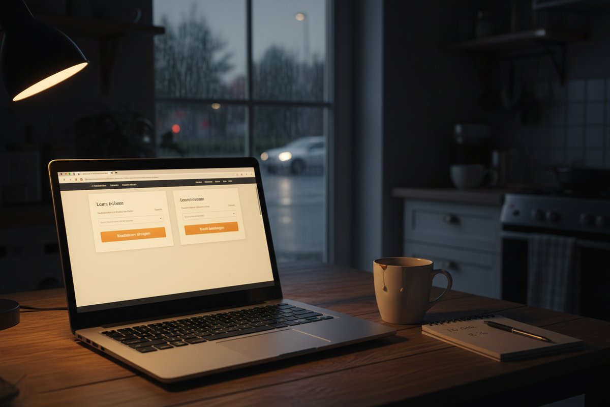 Laptop mit Konditionsanfrage, Tasse und Notizbuch auf Holztisch bei Regenwetter