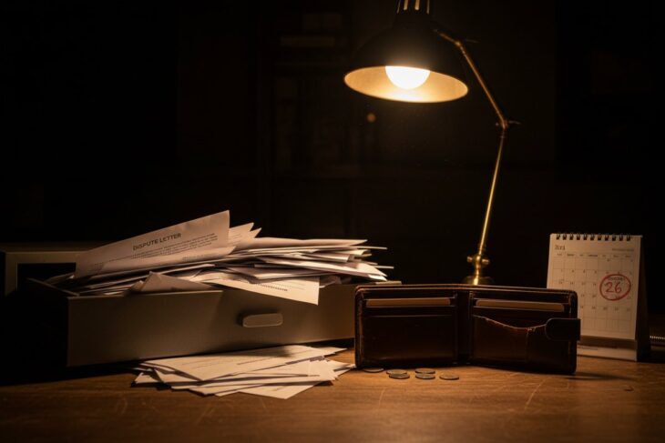 Schreibtischlampe, Stapel Streitbriefe, offene Geldbörse mit Münzen und ein Kalender