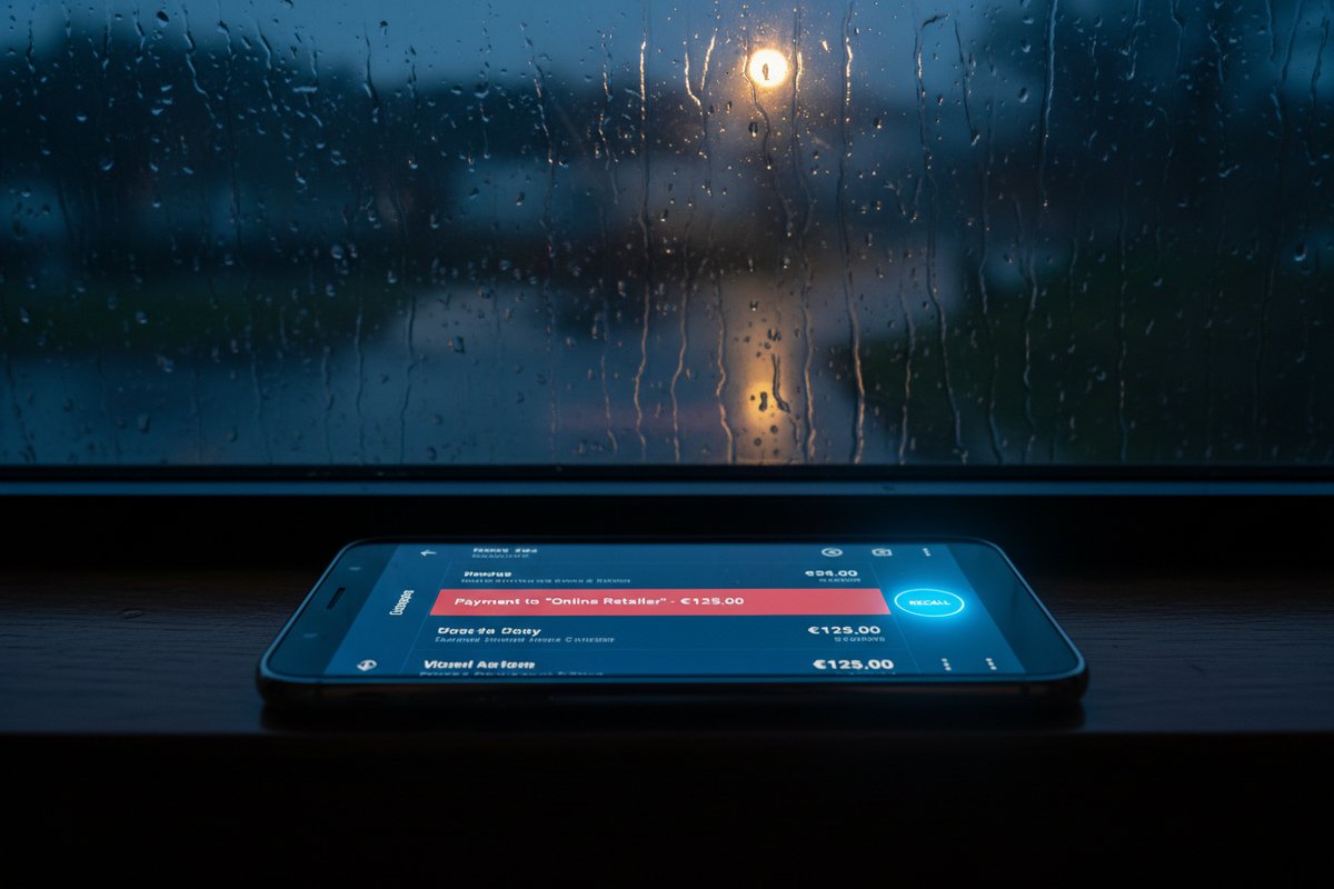 Smartphone zeigt Bank-App mit Zahlungsrückrufoption vor regennasser Fensterscheibe im Dunkeln