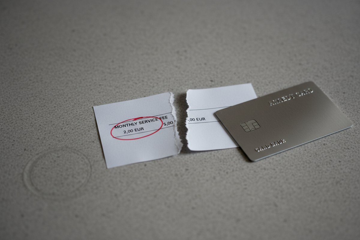 Zerrissener Beleg mit "MONTHLY SERVICE FEE 2,00 EUR" und eine silberne Karte