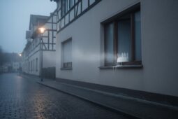 Nebelige Straße mit Fachwerkhäusern, Laternenlicht und Kuchen mit Kerzen auf Fensterbank