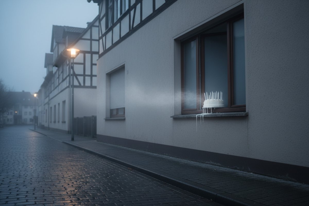 Nebelige Straße mit Fachwerkhäusern, Laternenlicht und Kuchen mit Kerzen auf Fensterbank